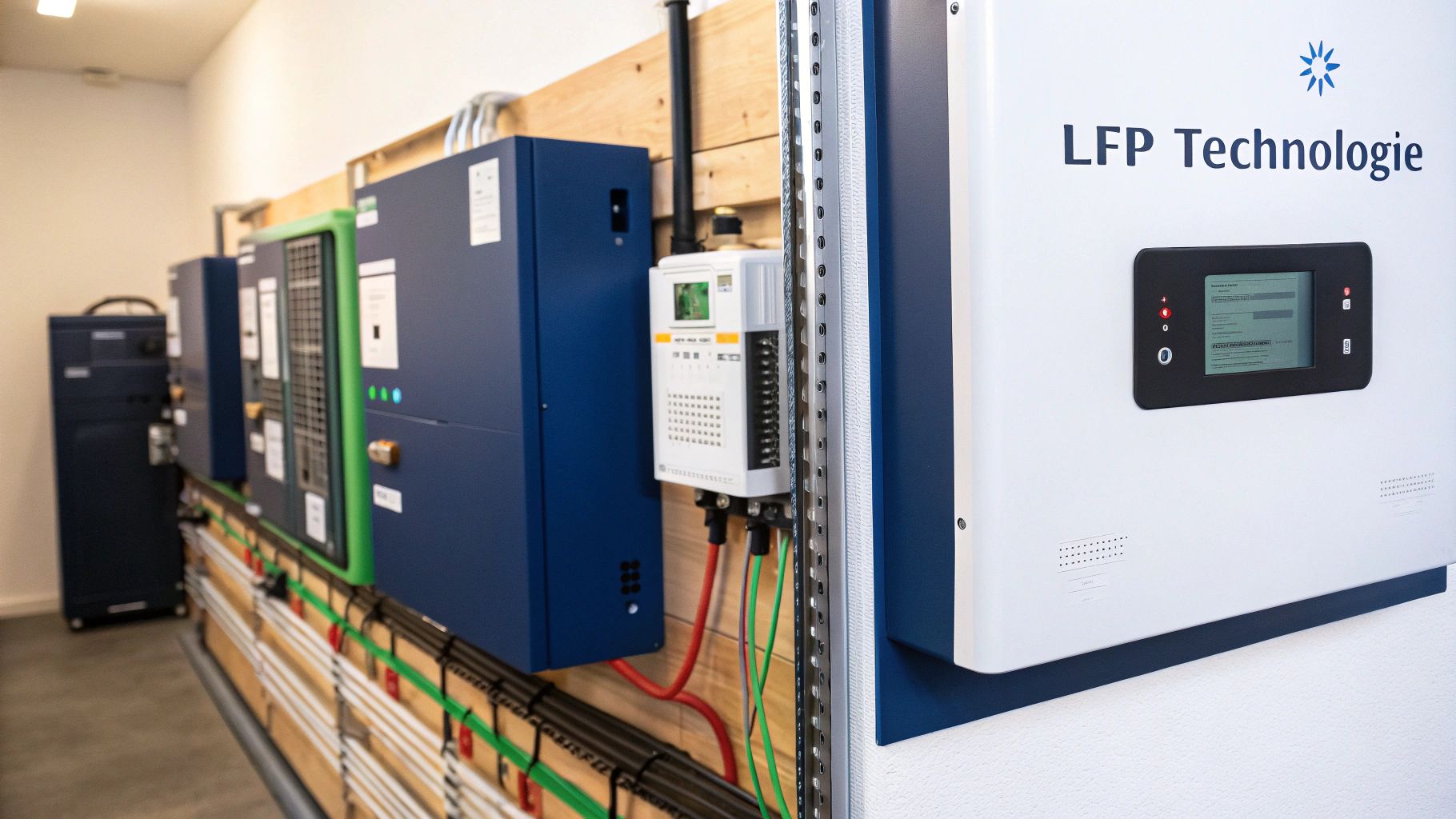 Close-up van een moderne thuisbatterij installatie in een garage