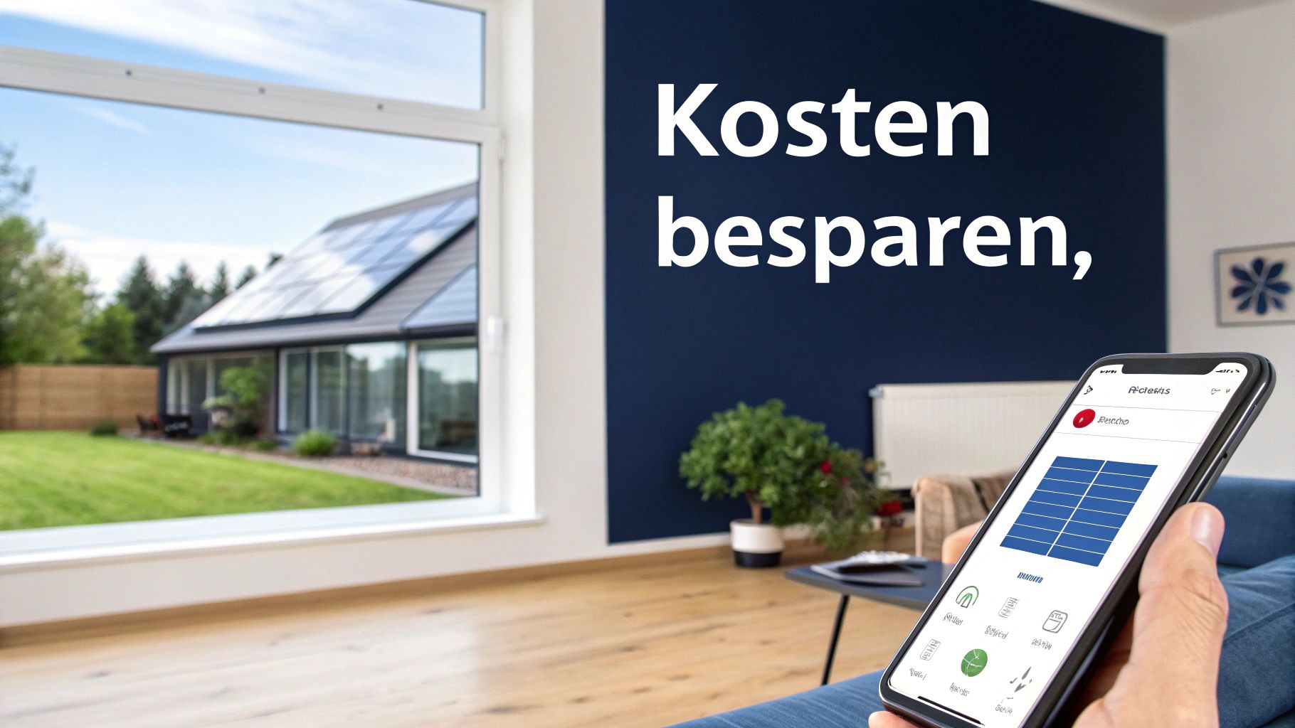 Modern huis met zonnepanelen, zichtbaar door een raam, met een hand die een smartphone met energie-app vasthoudt.