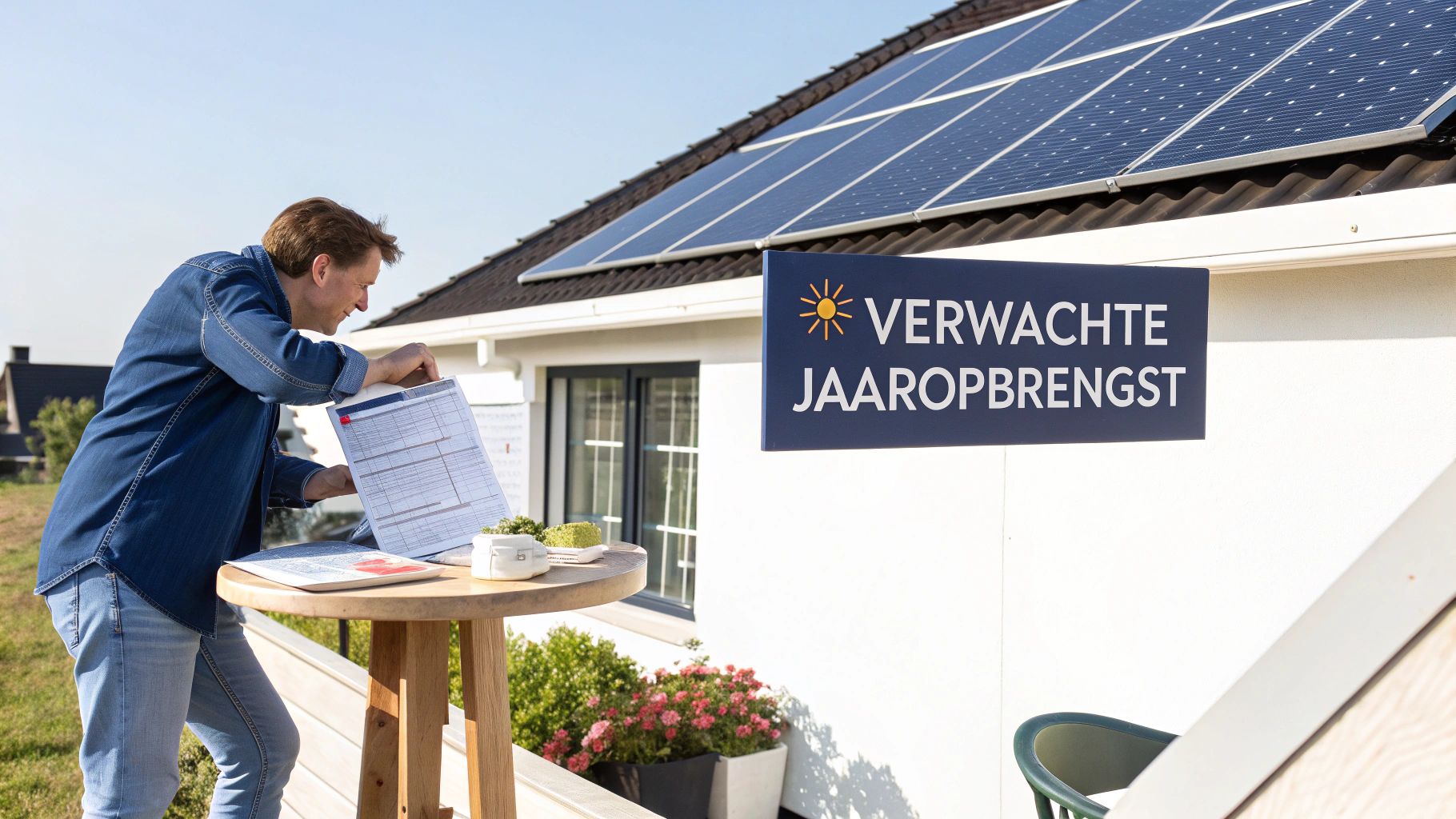 Een lachende man controleert documenten op een terras, met zonnepanelen op het dak van het huis en een bord 'Verwachte Jaaropbrengst'.