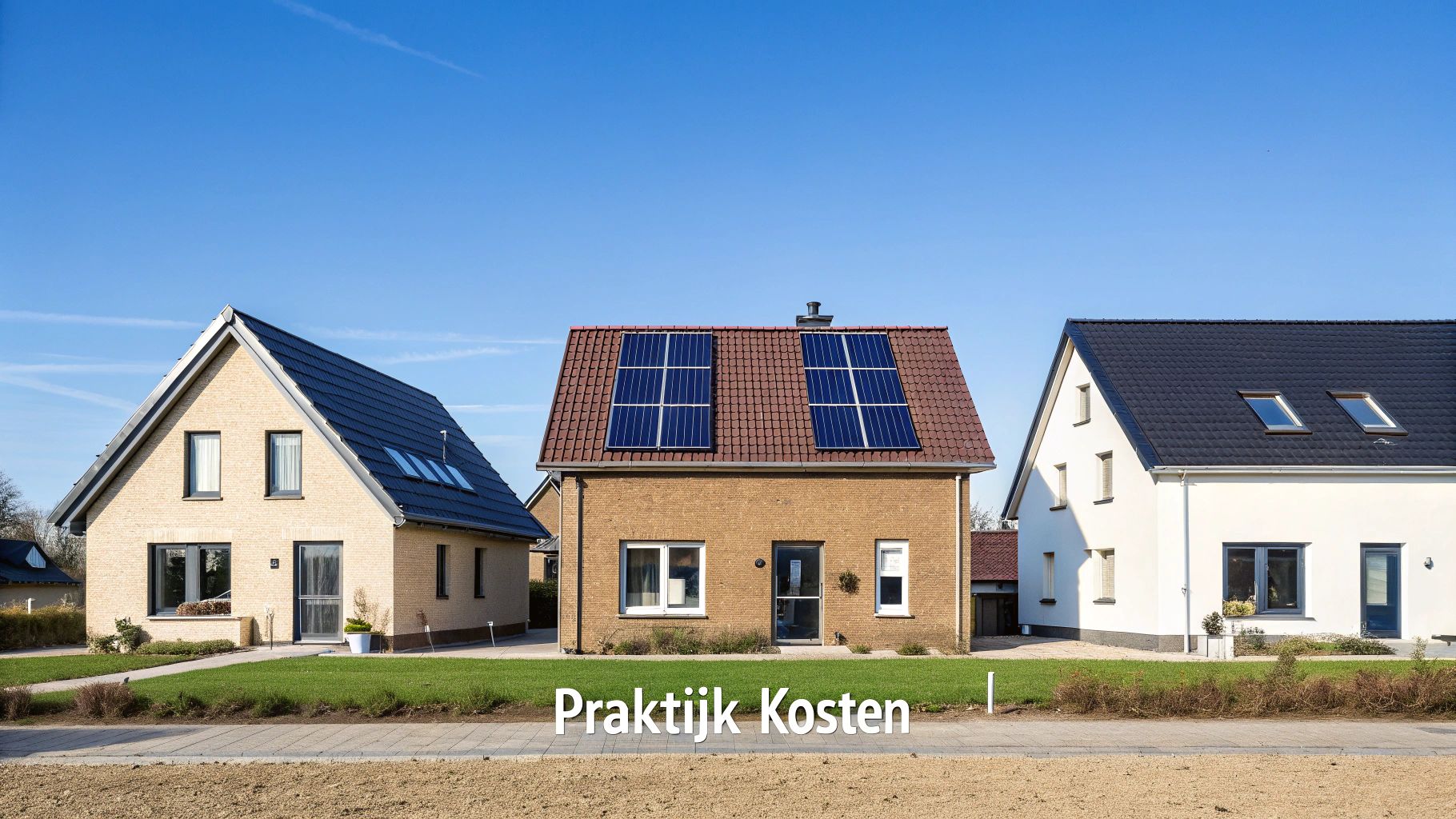 Drie moderne huizen onder een heldere blauwe lucht, de middelste heeft zonnepanelen op het dak.