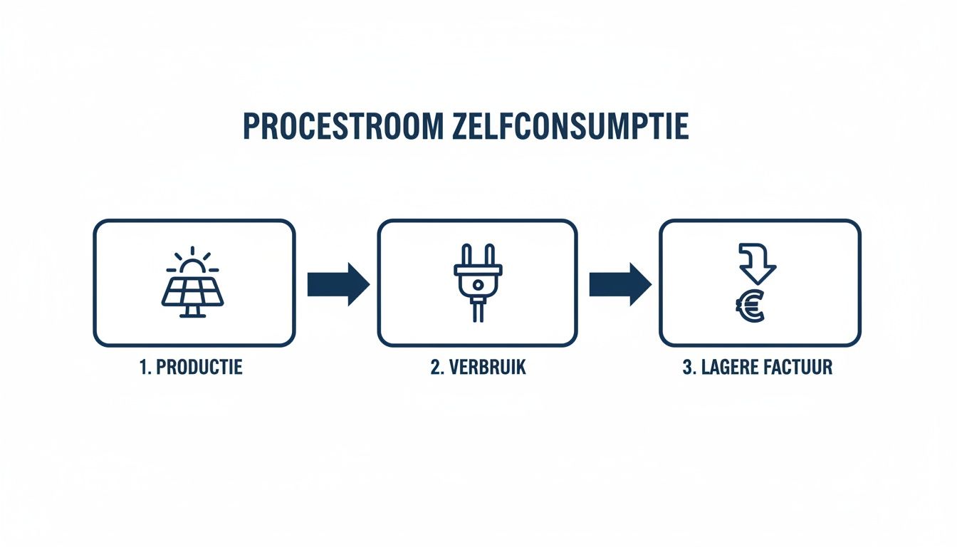 Schema van het zelfconsumptieproces met zonnepanelen: van productie en verbruik naar een lagere energierekening.