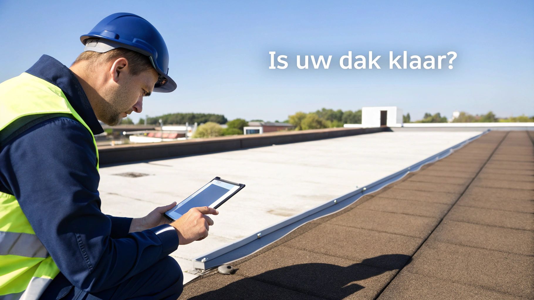 Dakdekker inspecteert plat dak met tablet voor montage van zonnepanelen