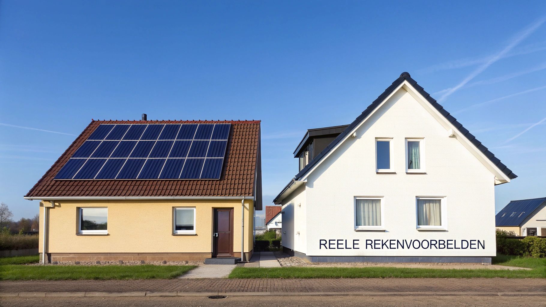 Twee moderne huizen onder een helderblauwe lucht, één met zonnepanelen op het dak.