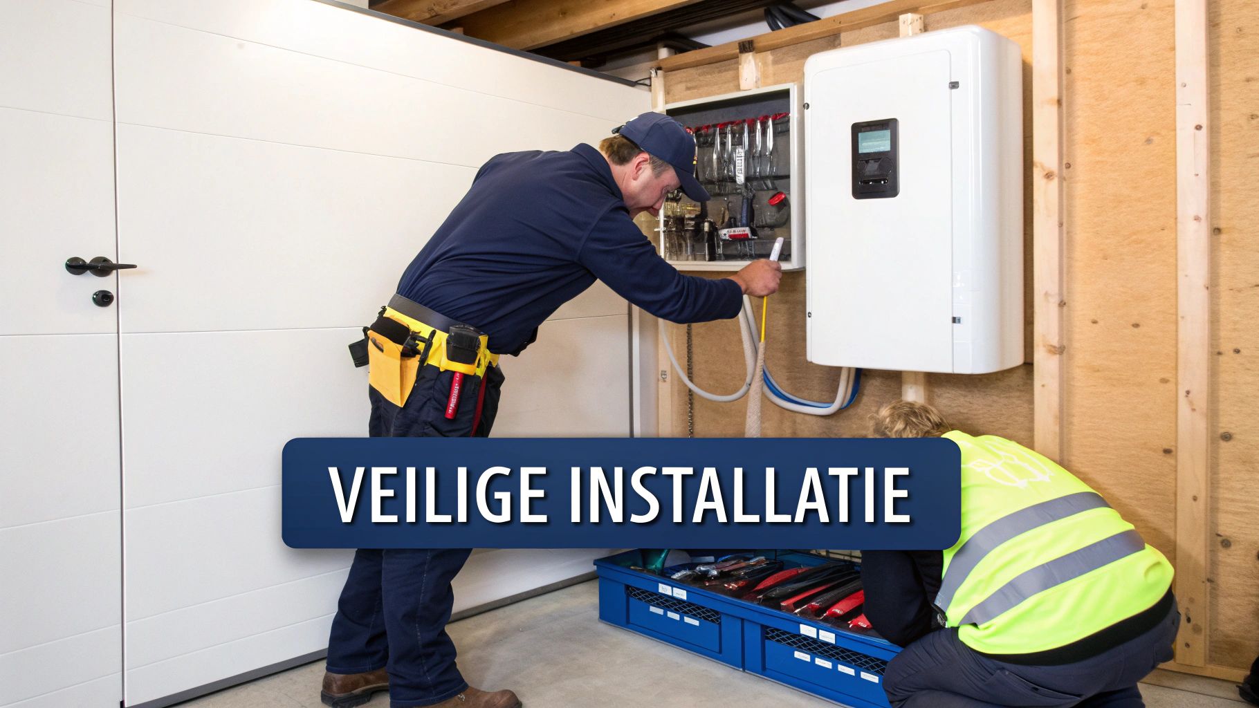 Installateur werkt aan een batterijsysteem voor zonnepanelen