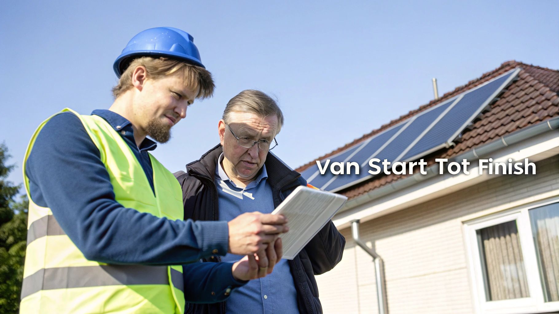 Twee mannen, een in veiligheidsvest, bespreken de installatie van zonnepanelen op een dak.
