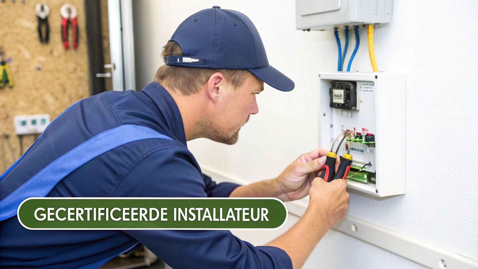 Een gecertificeerde installateur van Sun4Power installeert zorgvuldig een thuisbatterij.