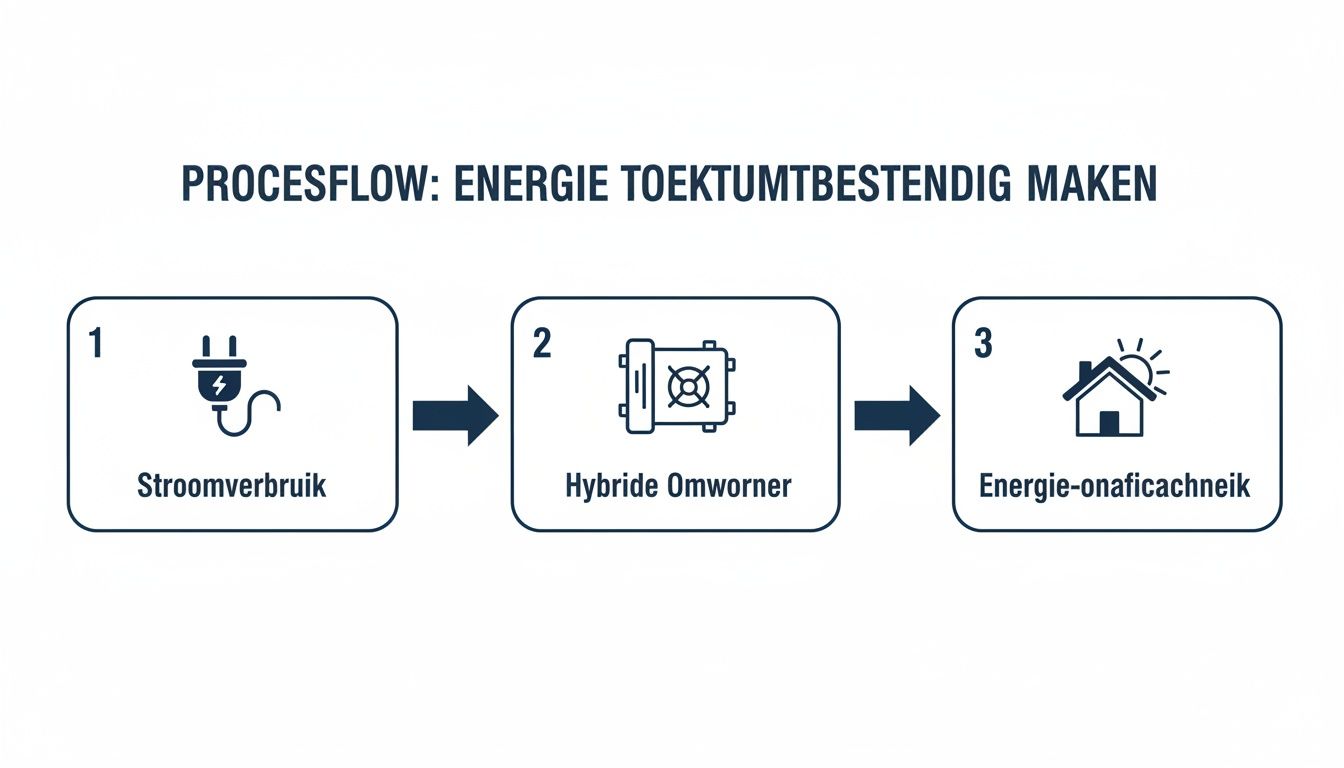 Een processtroomdiagram over het toekomstbestendig maken van energie, van stroomverbruik naar energieonafhankelijkheid met een hybride omvormer.
