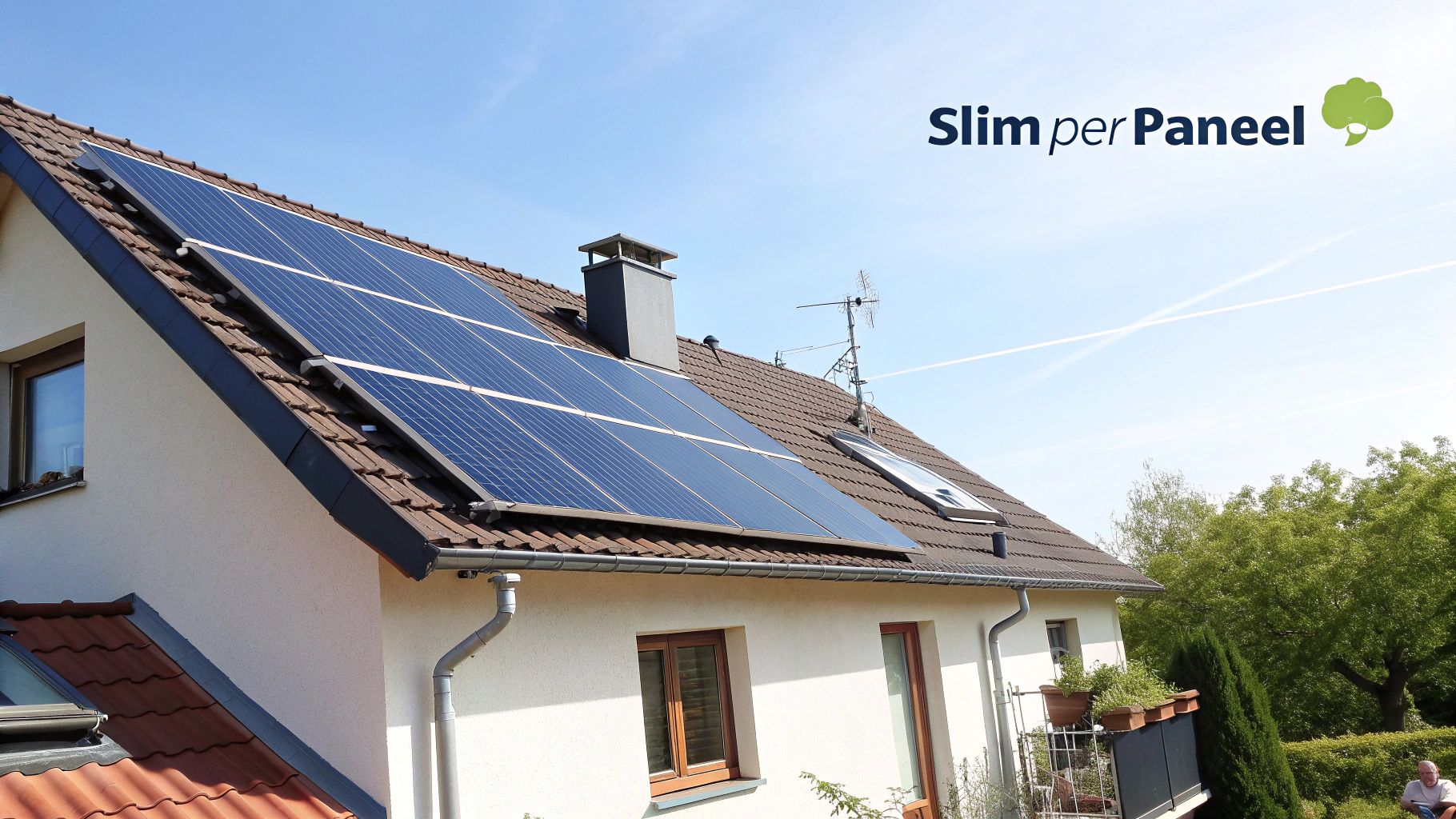 Huis met zonnepanelen op het dak onder een heldere blauwe lucht, met het logo 'Slim per Paneel'.