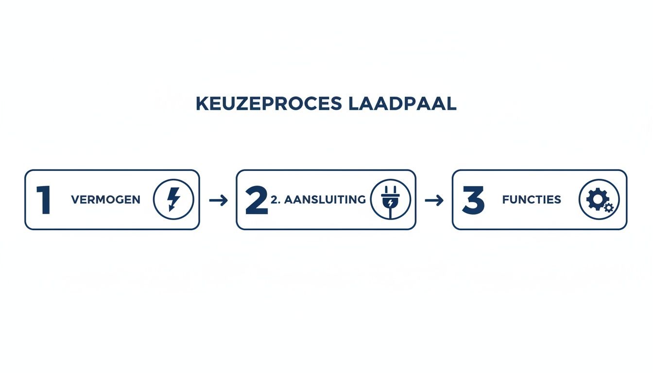 Keuzeproces voor een laadpaal, met stappen voor vermogen, aansluiting en functies.