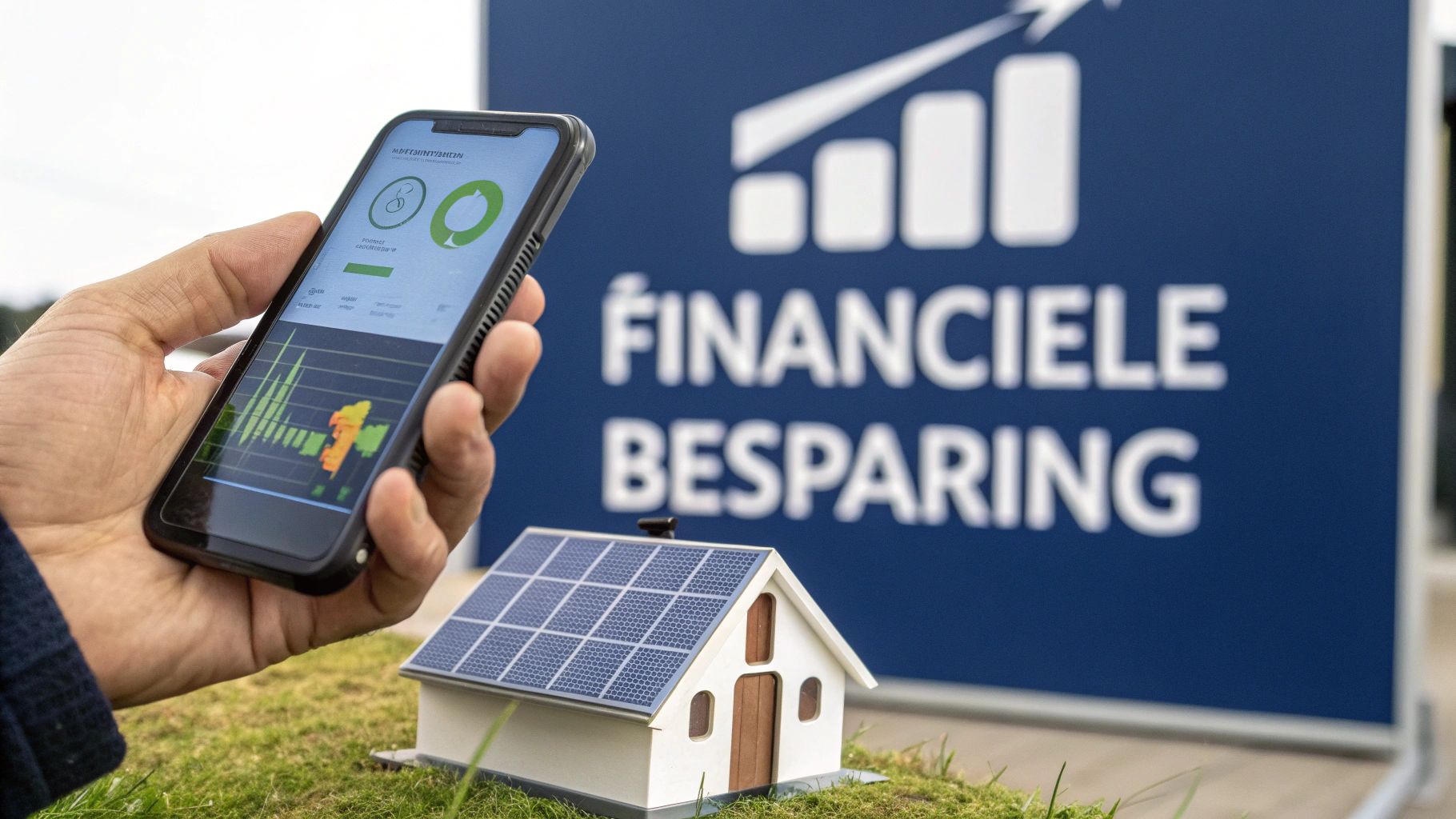 Hand met smartphone toont energiebesparingsapp bij miniatuurhuis met zonnepanelen en financiële besparingsgrafiek