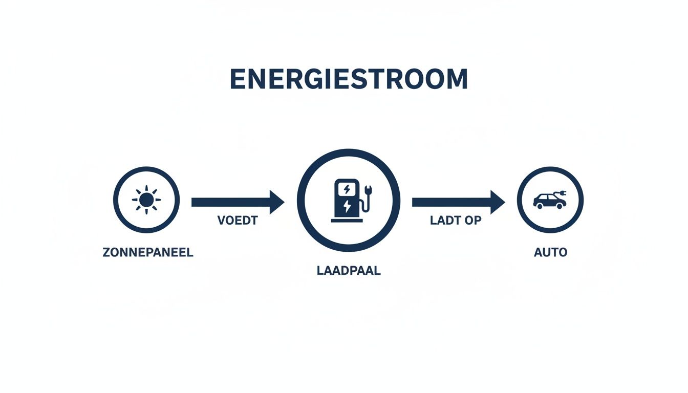 Illustratie van de energiestroom van zonnepanelen naar een laadpaal die een elektrische auto oplaadt.