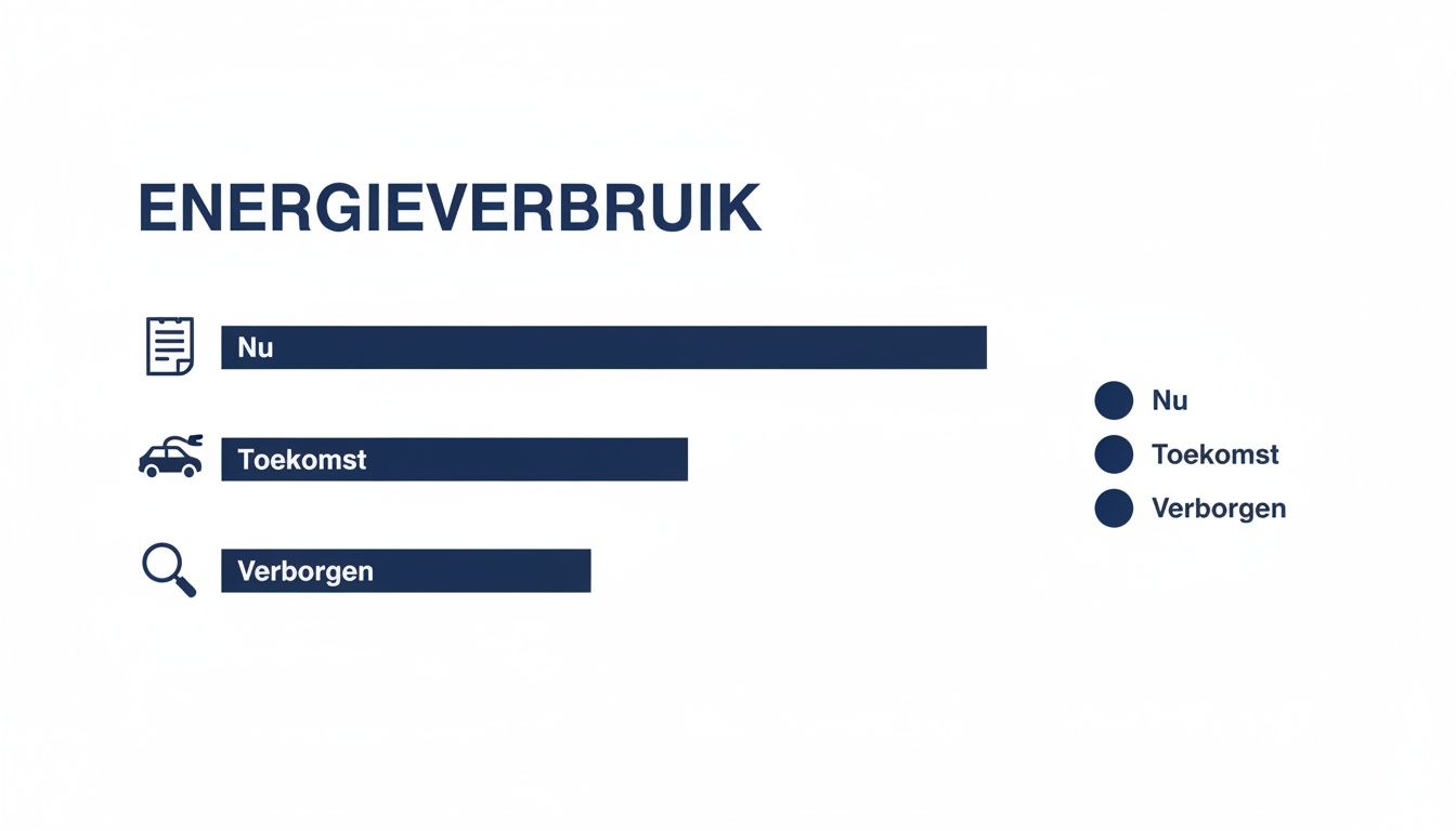 Overzicht van energieverbruik met categorieën Nu, Toekomst en Verborgen, inclusief bijbehorende iconen en staafdiagrammen.