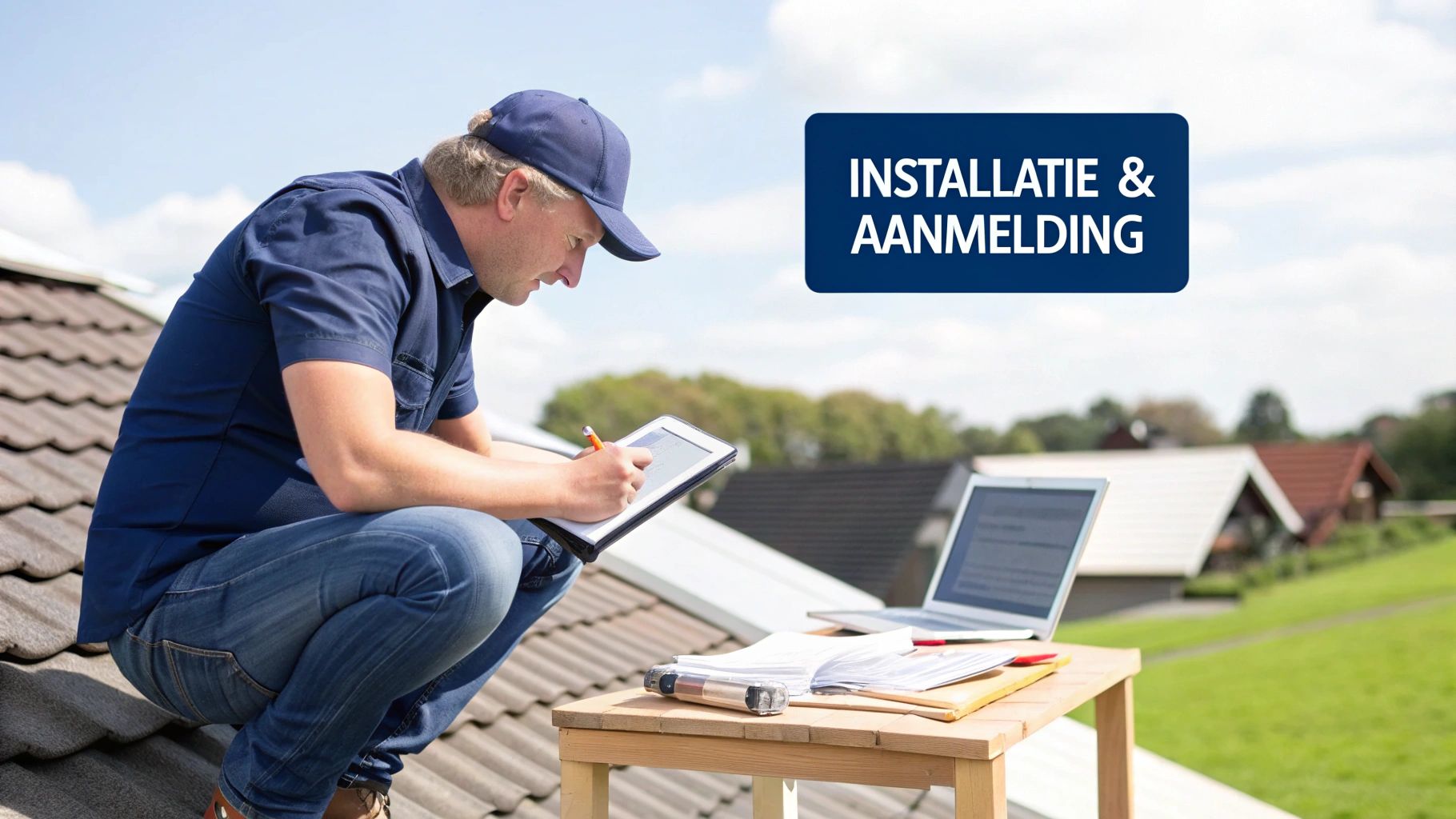 Man in werkkleding op een dak vult een formulier in op een tablet naast een laptop.