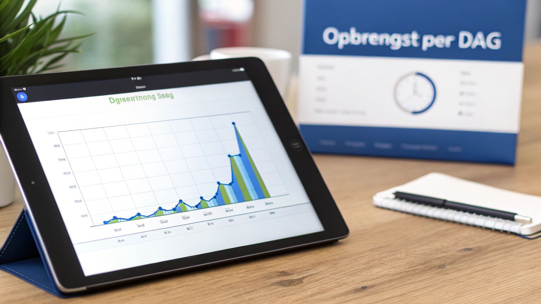 Een tablet toont een grafiek van toenemende opbrengst, naast een doos met 'Opbrengst per DAG', notitieboek en pen.