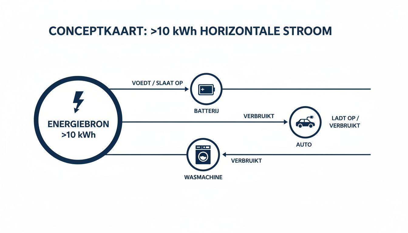 Conceptkaart over horizontale stroom van meer dan 10 kWh, van energiebron naar batterij, auto en wasmachine.