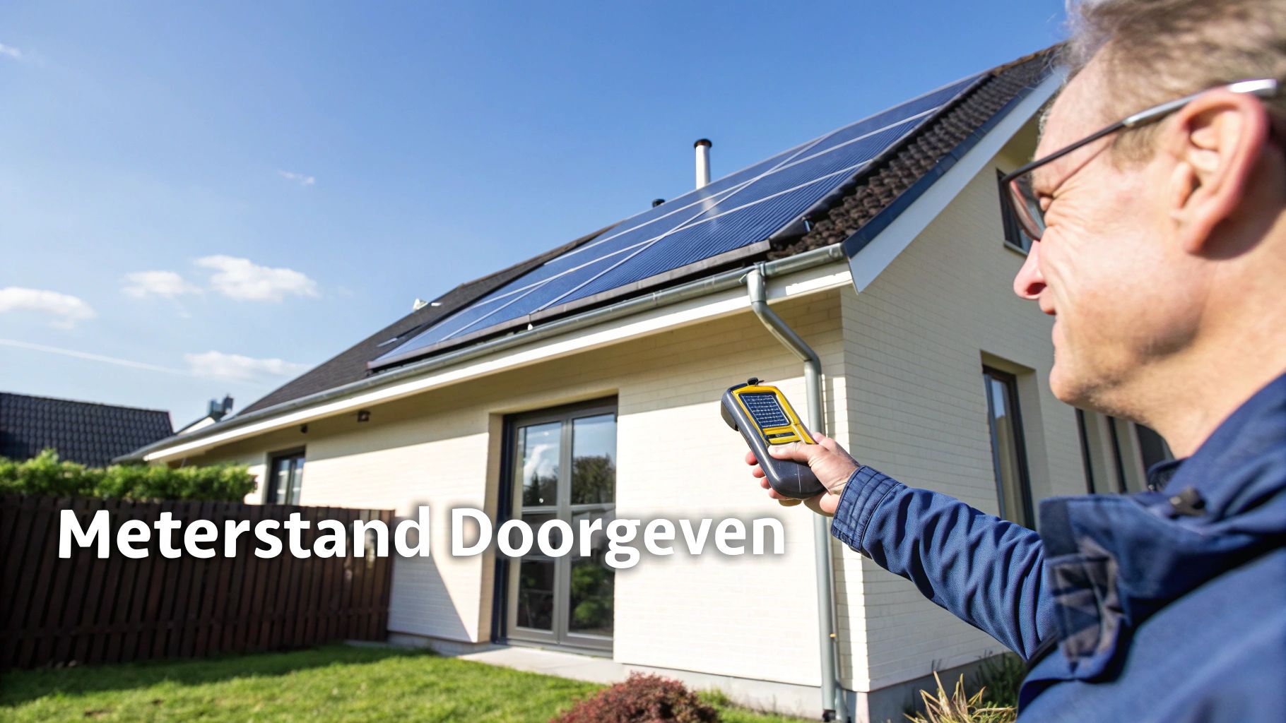 Een man meet de prestaties van zonnepanelen op een woning, wat relevant is voor de meterstand.