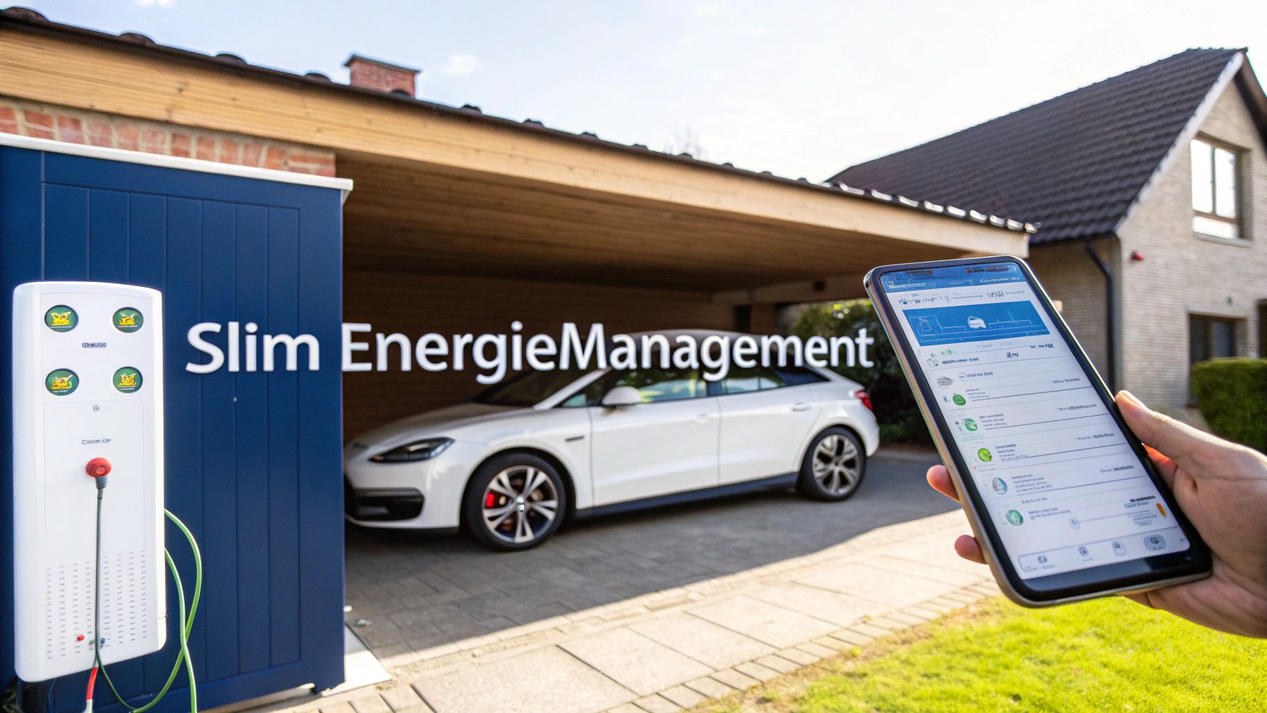 Smartphone met energiebeheer-app, elektrische auto en laadpaal voor een huis, toont slim opladen met zonnepanelen.