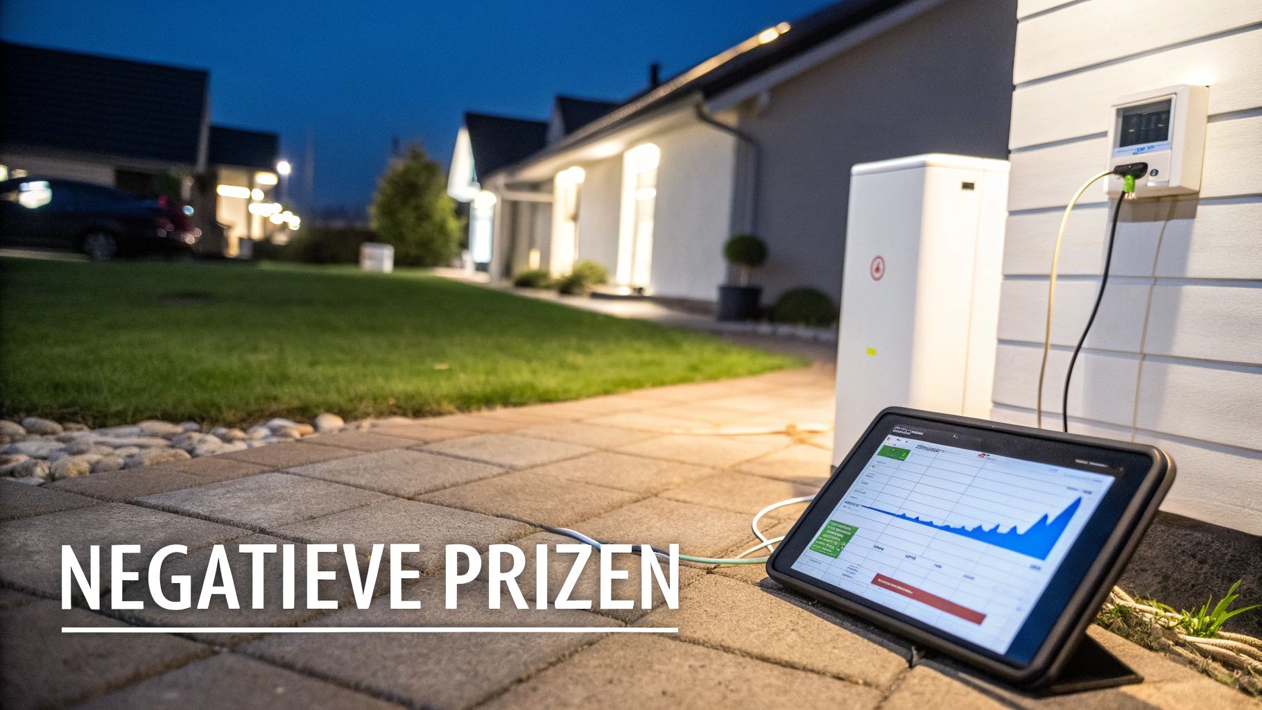 Thuisbatterij met negatieve prijzen monitoring op tablet tijdens schemering voor optimale energieopslag