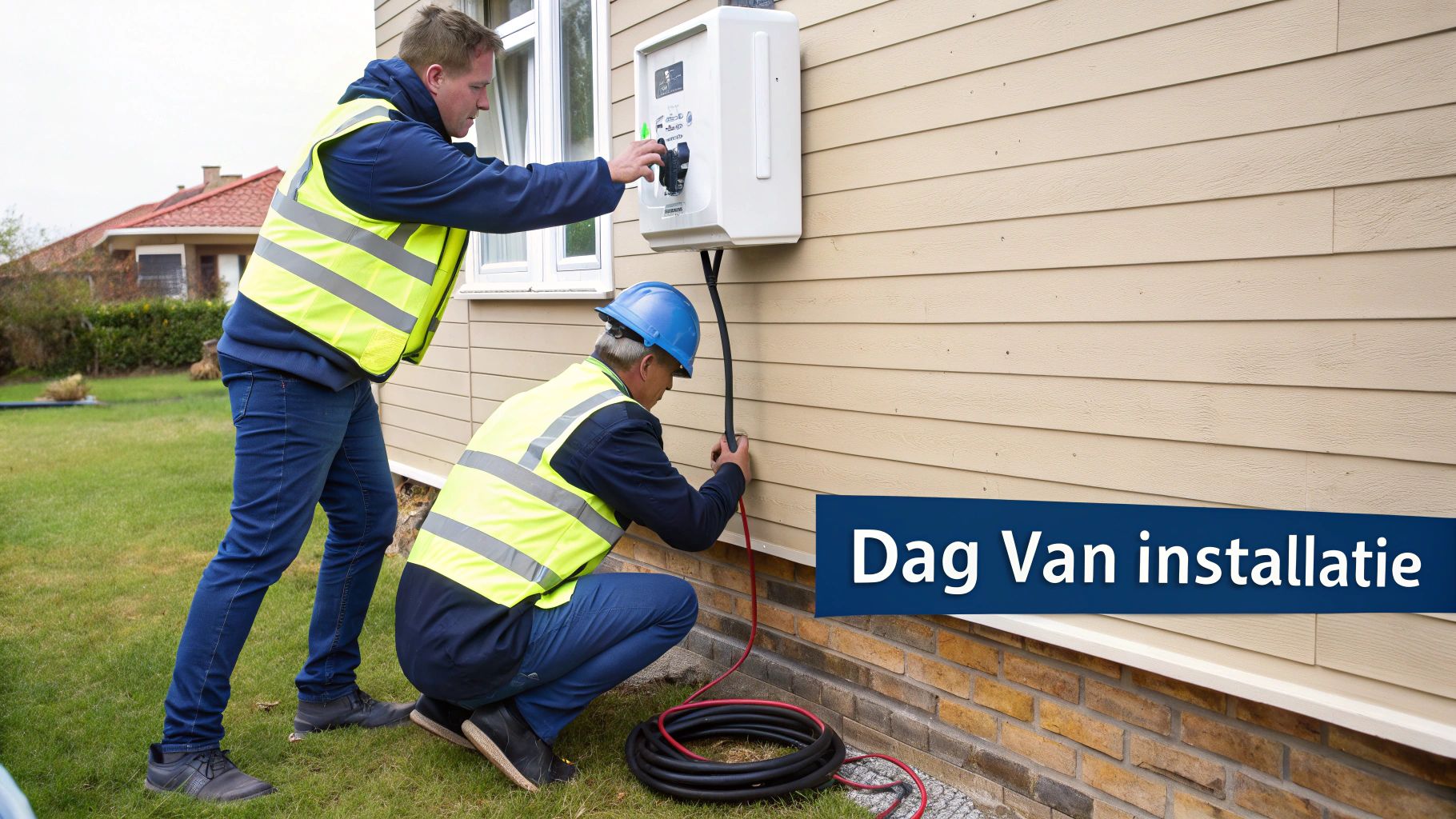 Twee installateurs in veiligheidsvesten installeren een elektrische laadpaal aan de muur van een huis.