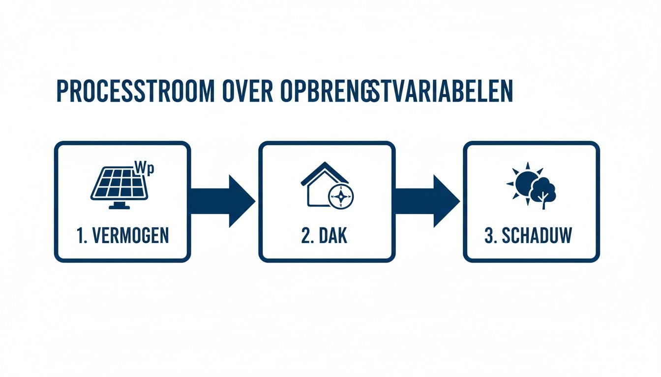 Schema van de processtroom voor opbrengstvariabelen van zonnepanelen, inclusief vermogen, dakoriëntatie en schaduw.
