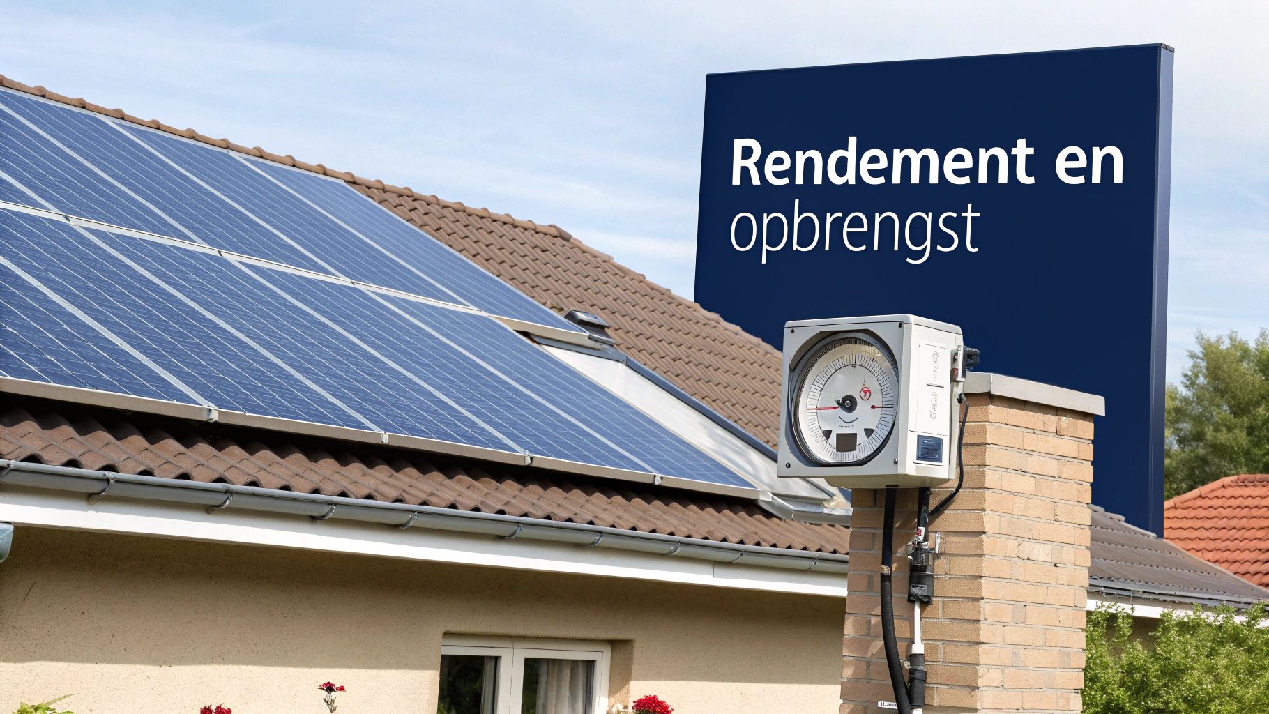 Zonnepanelen op een dak van een huis met een energiemeter en een bord met 'Rendement en opbrengst'.