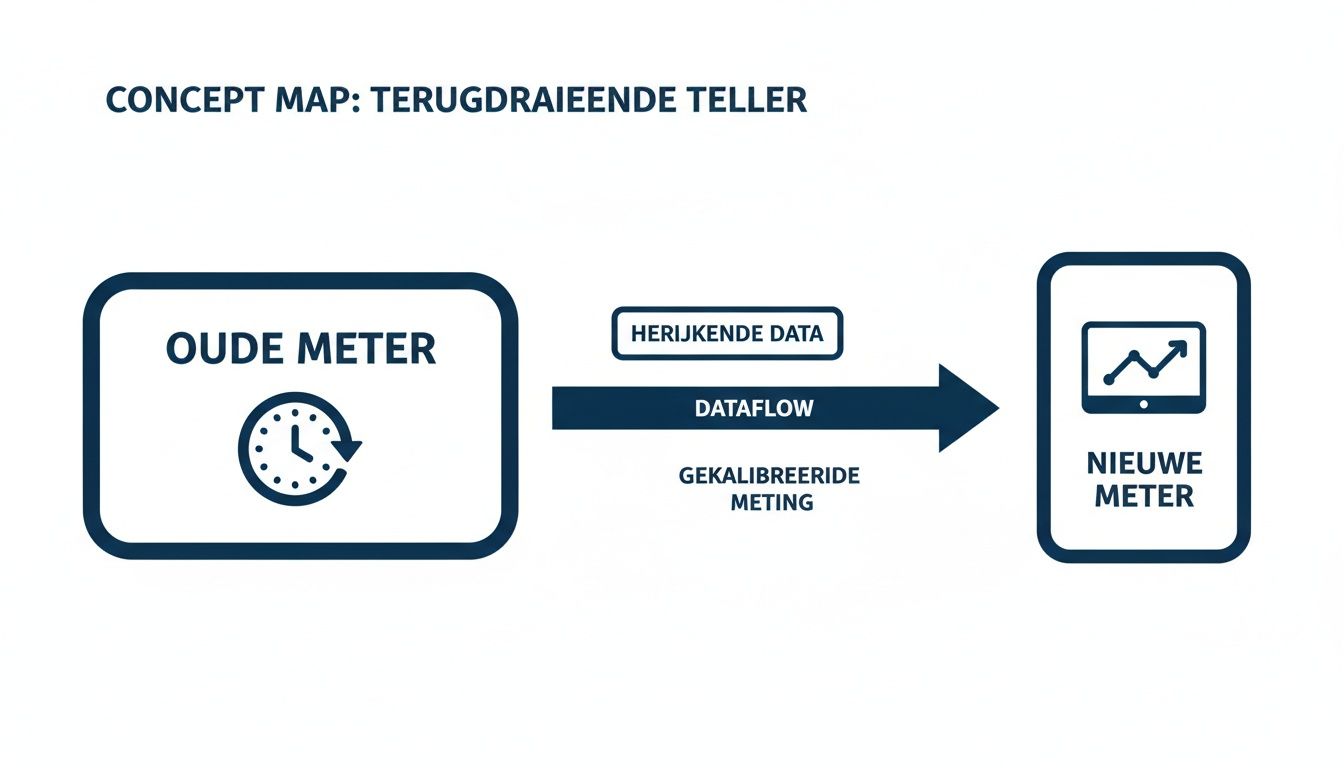 Concept map toont de dataflow van een oude, terugdraaiende meter naar een nieuwe, digitale meter met herijkende data.