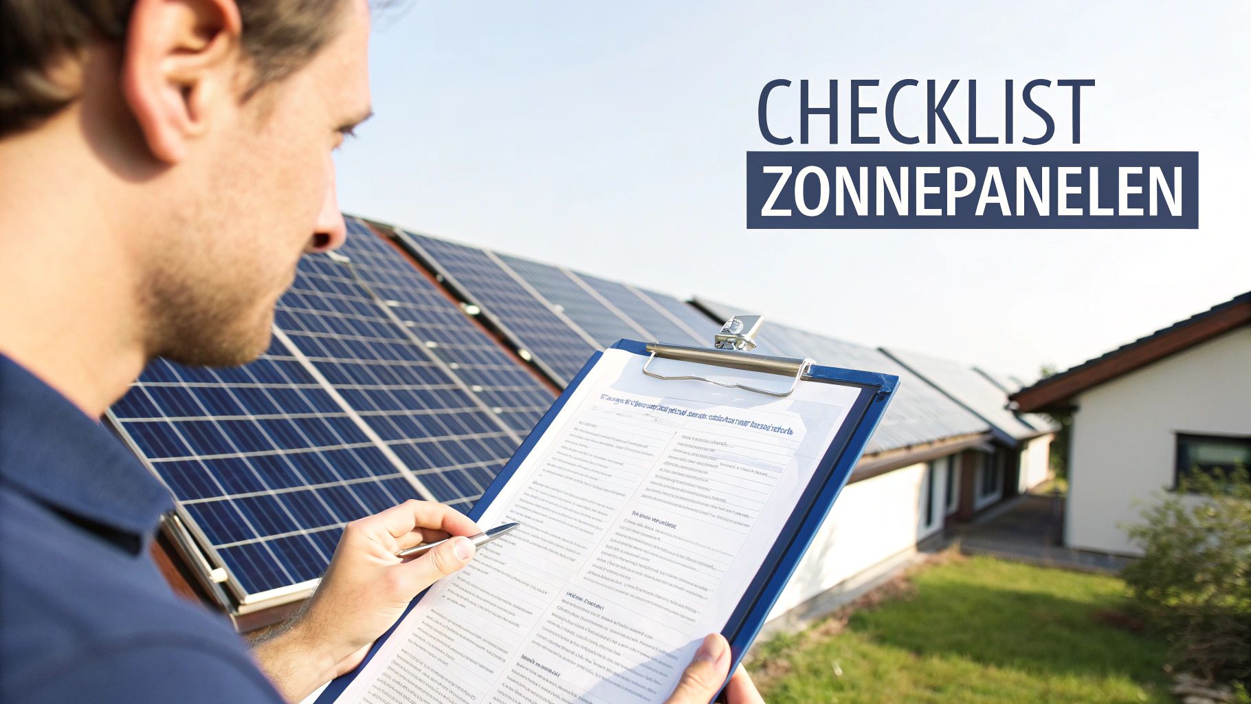 Man bekijkt een checklist voor zonnepanelen, met zonnepanelen op een dak op de achtergrond.