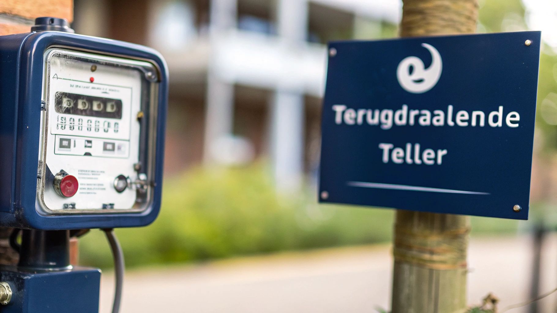 Een close-up van een oude blauwe elektriciteitsmeter naast een bordje met 'Terugdraaiende Teller'.