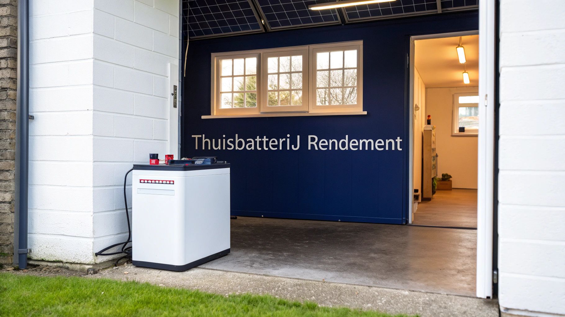 Een witte thuisbatterij staat buiten voor een gebouw met zonnepanelen en de tekst 'Thuisbatterij Rendement'.
