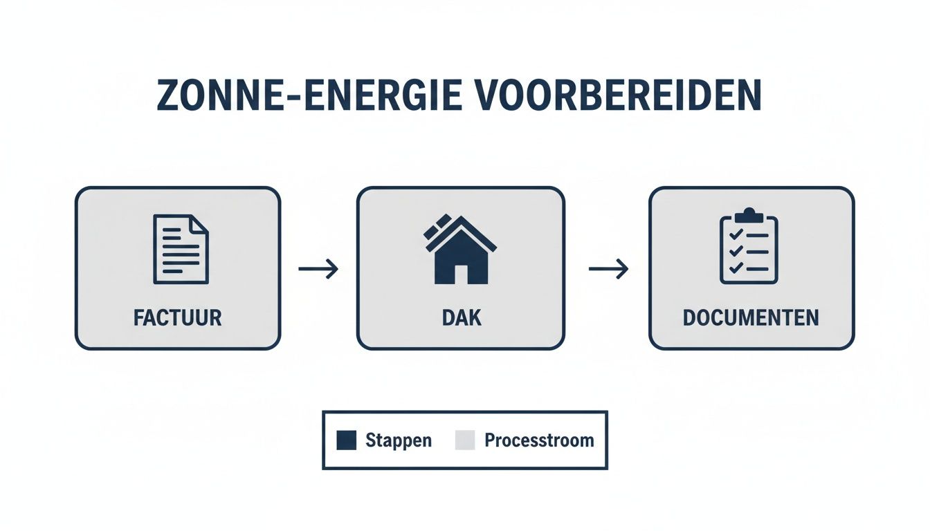 Stroomschema voor het voorbereiden van zonne-energie, met stappen zoals factuur, dak en documenten.