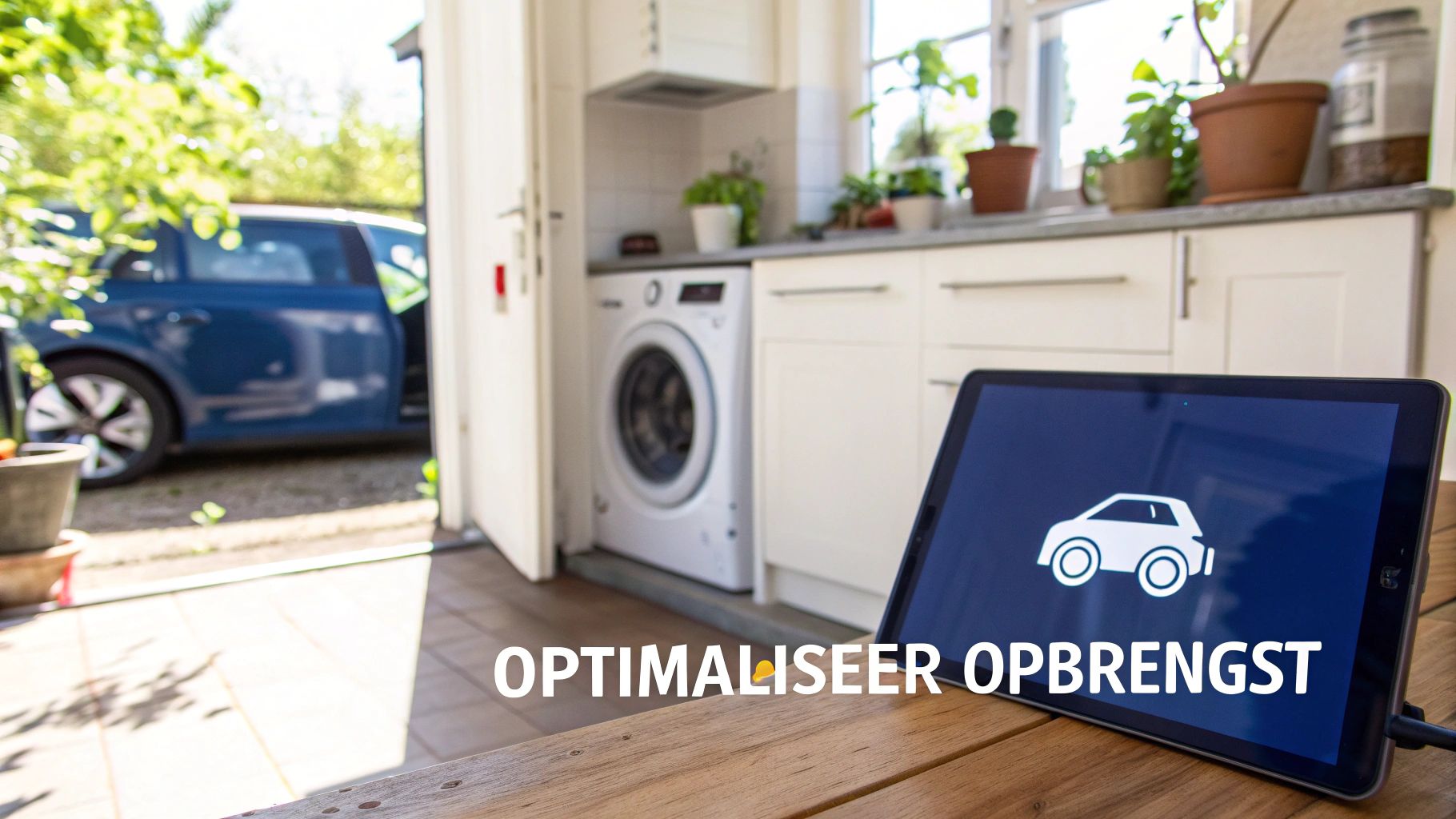 Tablet op houten tafel toont auto-icoon met tekst 'Optimaliseer Opbrengst'. Binnen is een wasmachine en buiten een geparkeerde auto.