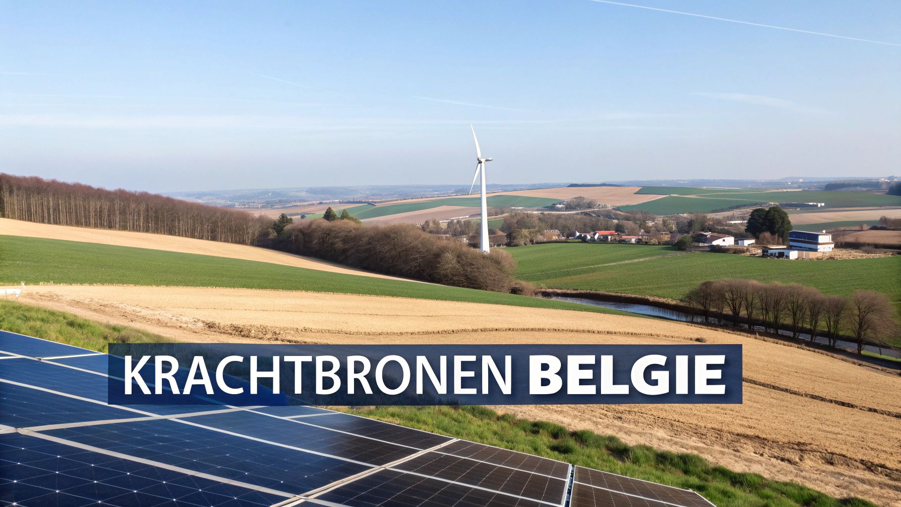 Zonnepanelen en windturbine in Belgisch landschap tonen duurzame groene energie krachtbronnen