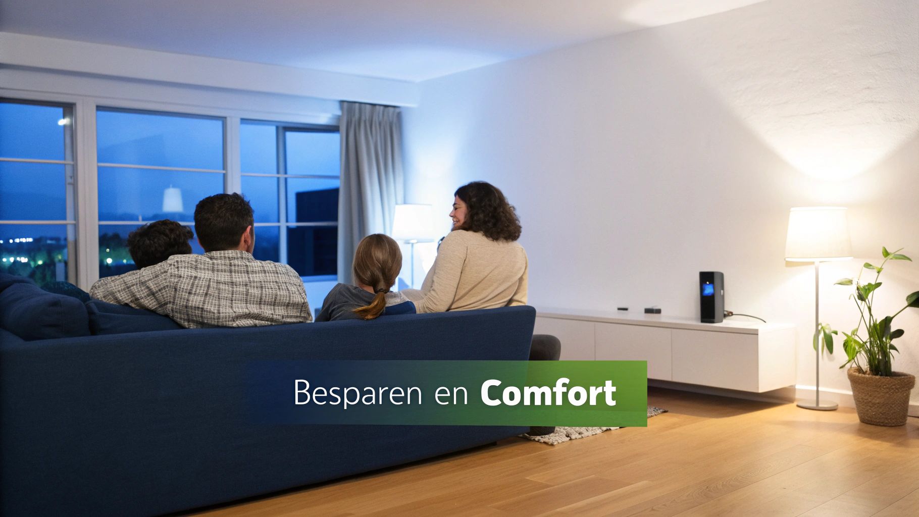 Gezin zit comfortabel op de bank in modern verlichte woonkamer met slimme apparaten