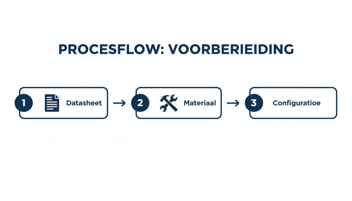 Visualisatie van een voorbereidingsproces in drie stappen: datasheet, materiaal en configuratie.