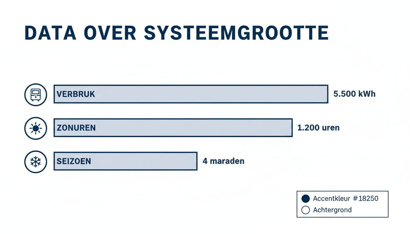 Een infographic met gegevens over systeemgrootte: verbruik, zonuren en seizoen, gepresenteerd in een staafdiagram.