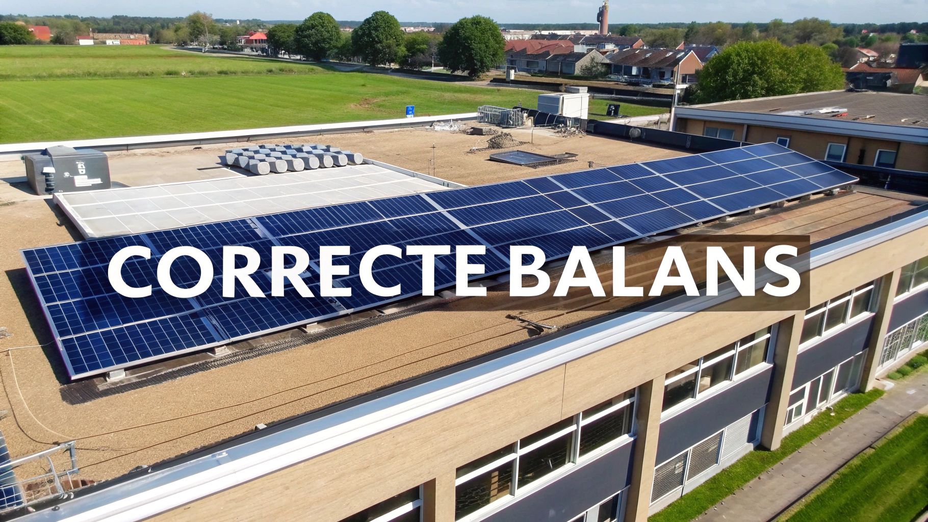 Grote installatie van zonnepanelen op het platte dak van een gebouw, omgeven door groen en bebouwing.