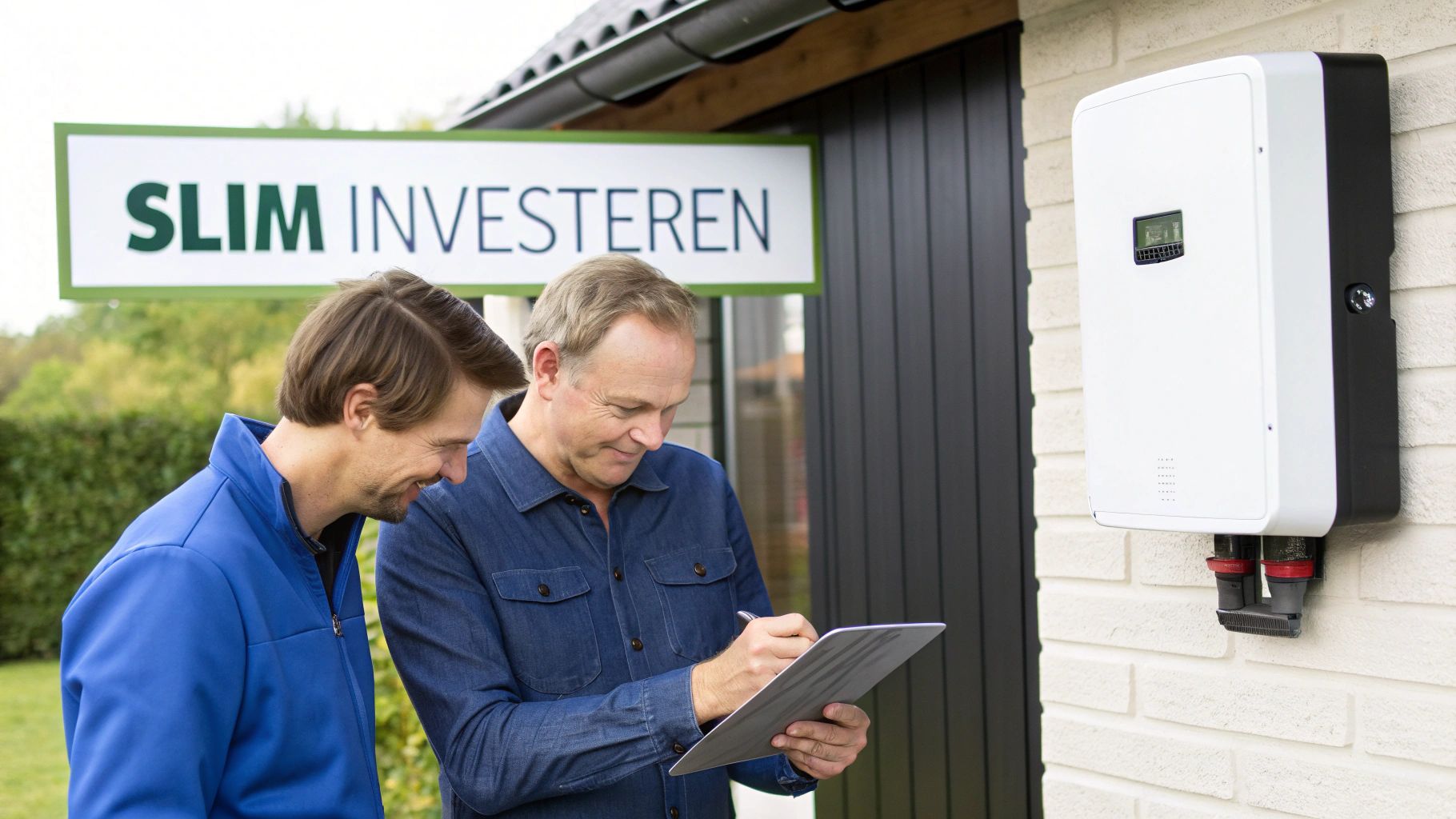 Twee mannen bespreken slim investeren in zonne-energie naast een omvormer voor zonnepanelen aan een muur.