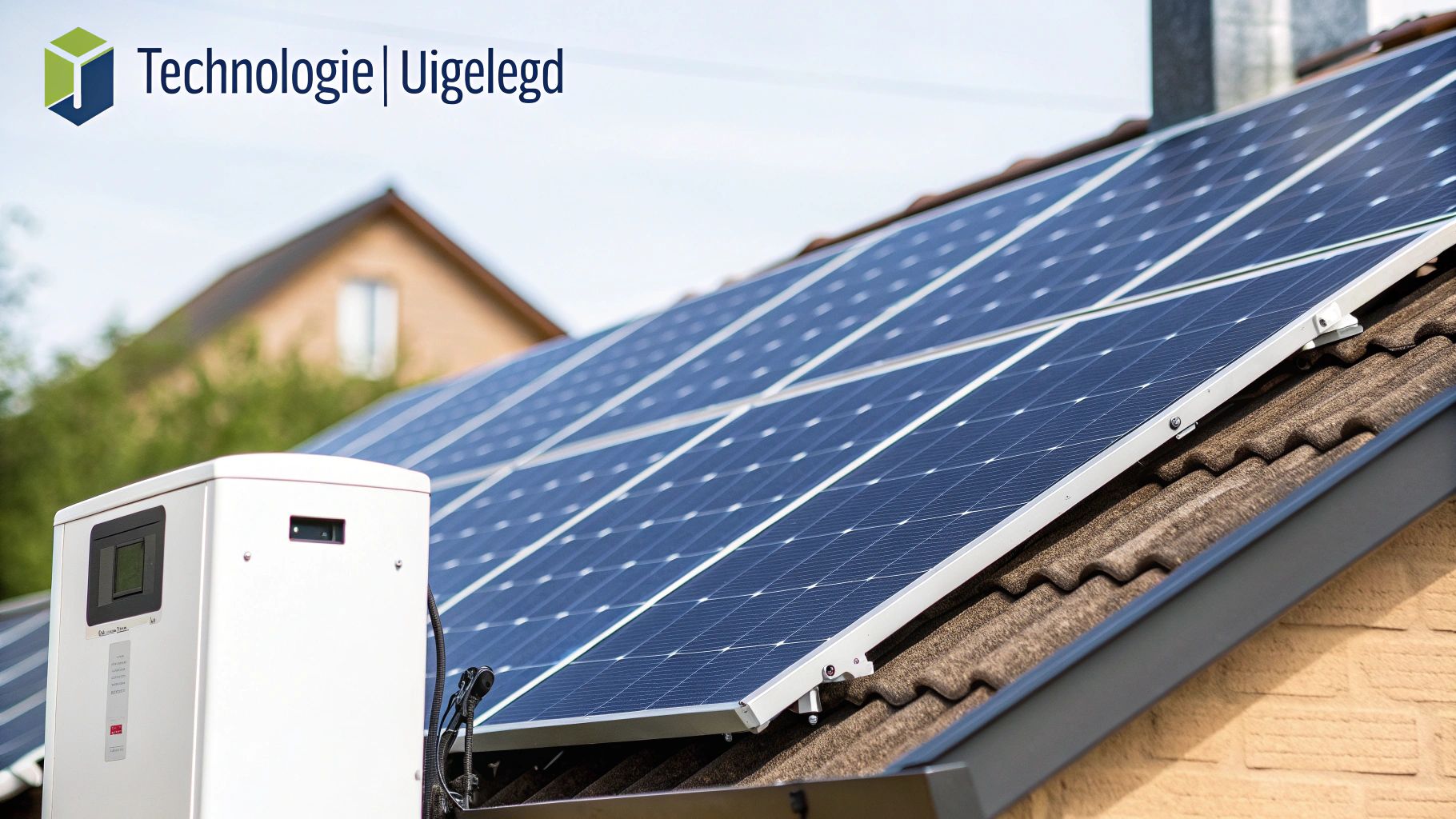 Detail van zonnepanelen en een witte omvormer op een pannendak, voor duurzame energieopwekking thuis.