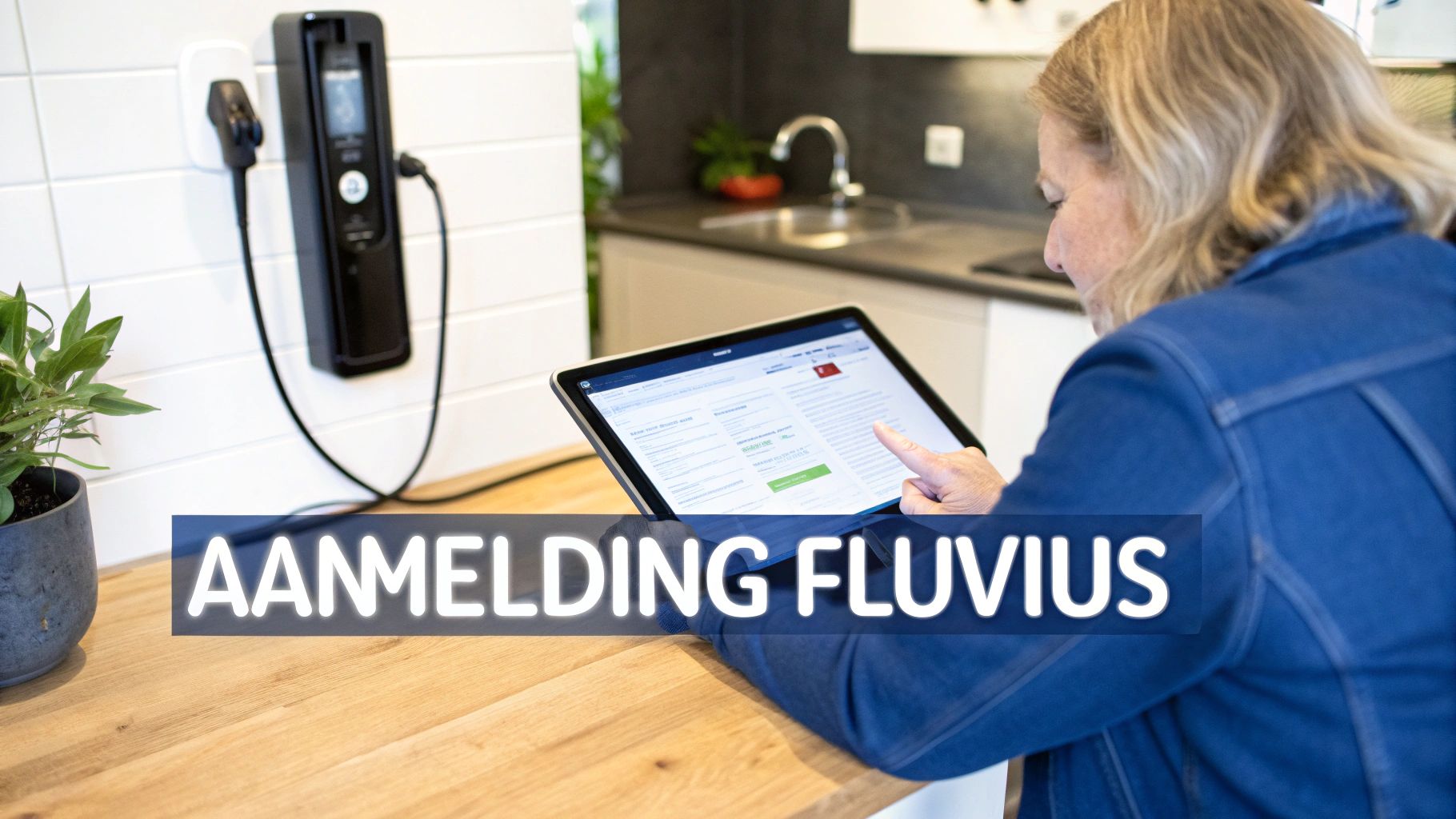 Vrouw regelt aanmelding voor Fluevius op tablet, met een laadpaal aan de muur in huis.