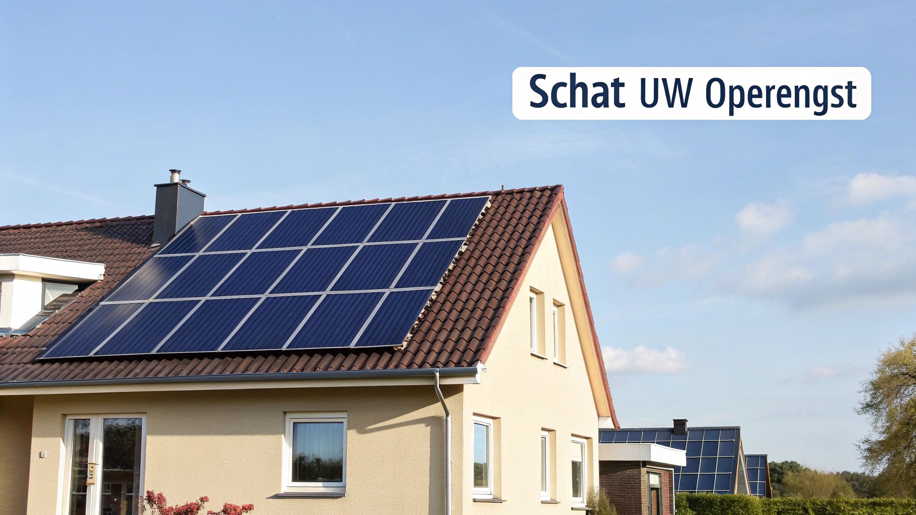Een huis met zonnepanelen op het dak onder een blauwe lucht, met de tekst: Schat uw opbrengst.