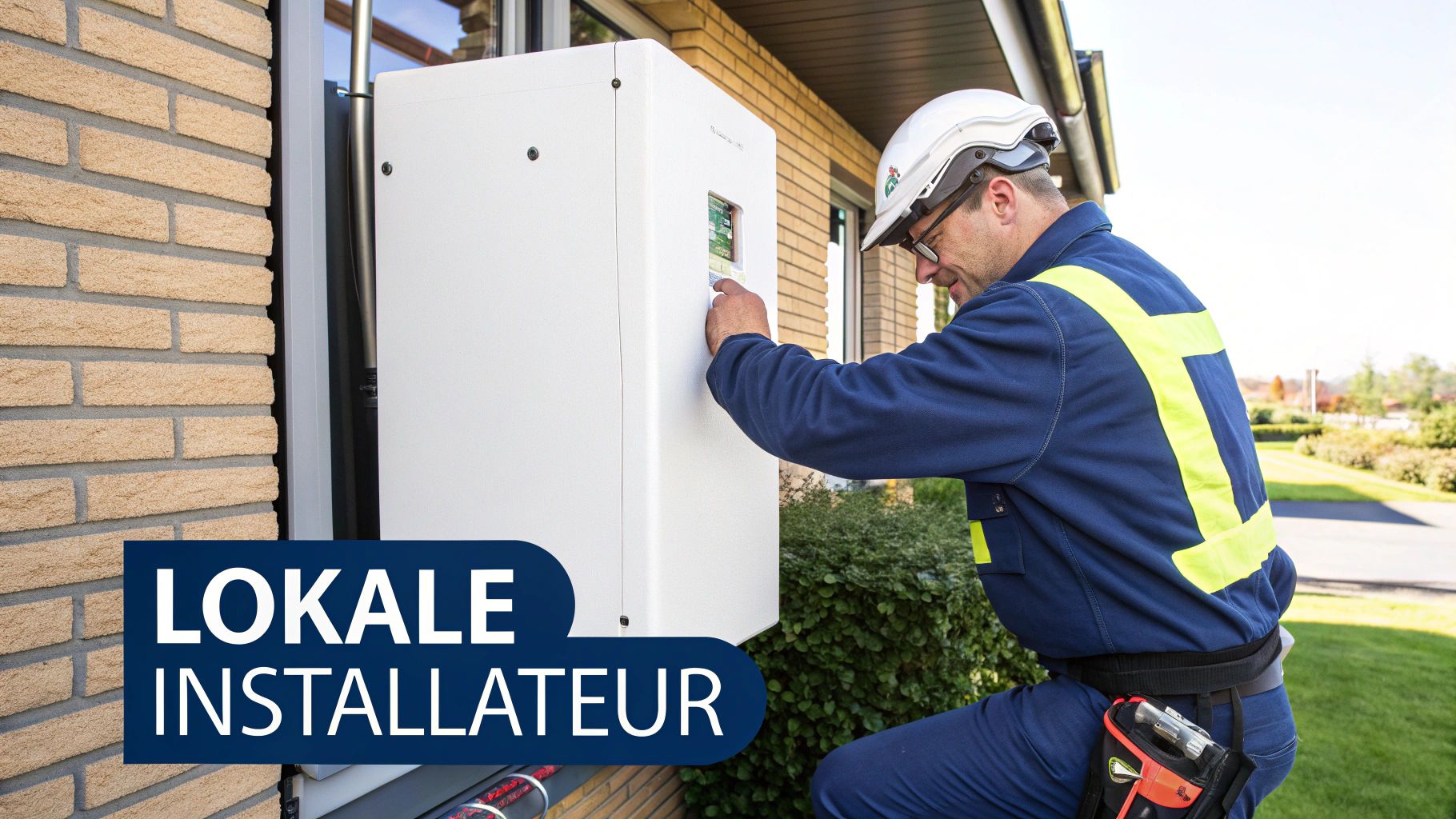 Monteur met veiligheidshelm en uniform installeert een witte buitenunit aan een bakstenen muur, met de tekst 'Lokale Installateur'.