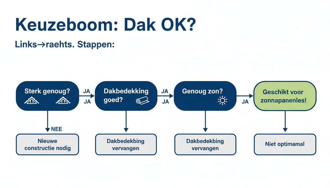 Stroomschema voor het beoordelen van een dak voor zonnepanelen, met stappen voor sterkte, dakbedekking en zonlicht.
