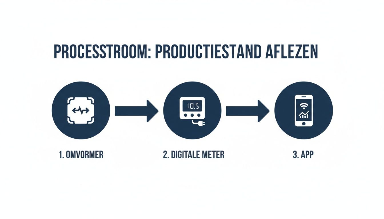 Processtroom voor het aflezen van de productiestand: omvormer, digitale meter en app.