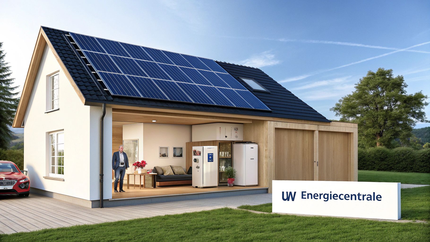 Een modern huis met zonnepanelen op het dak en energieopslagsystemen binnenin, inclusief een man in de woonkamer.
