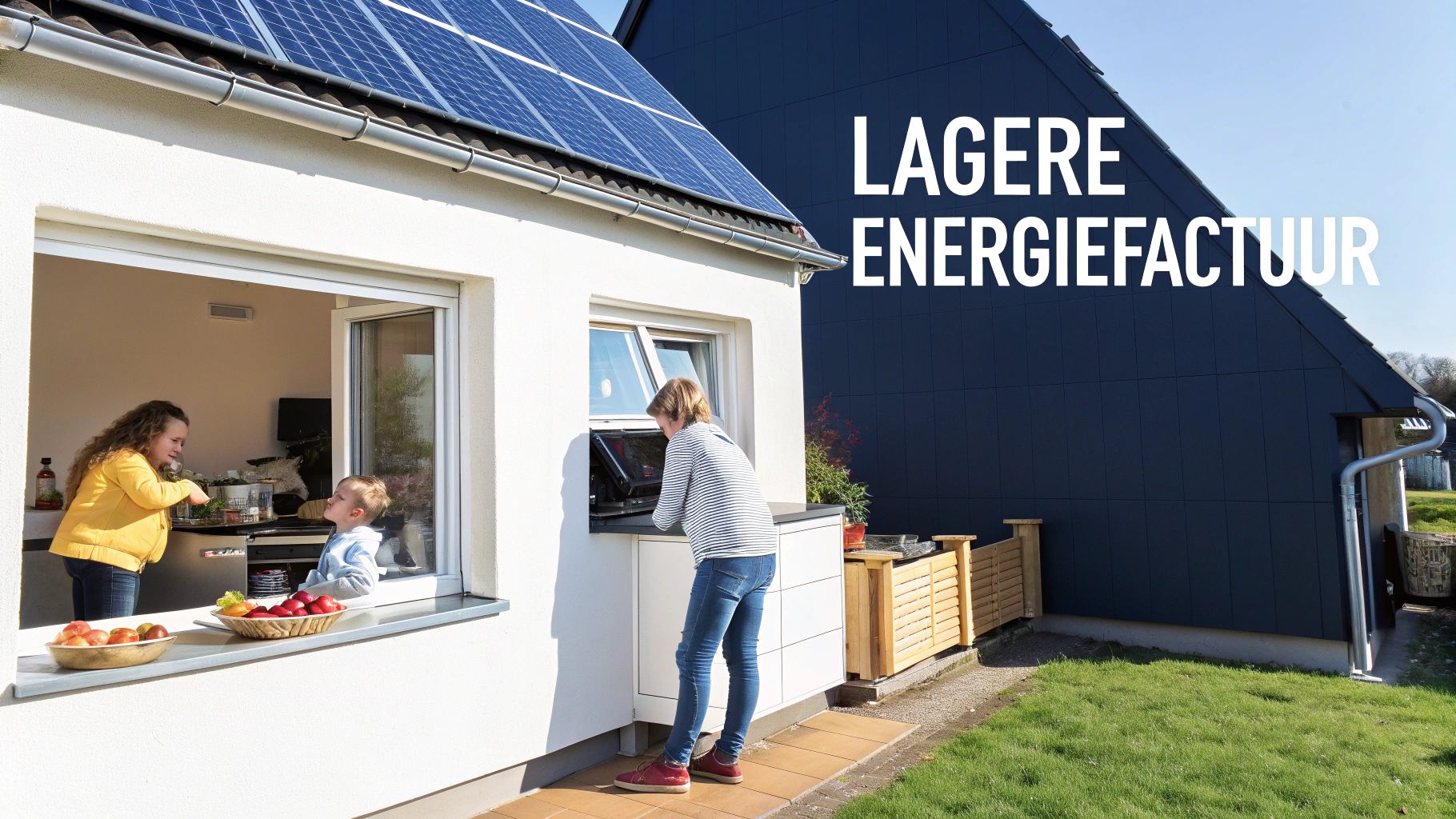 Gezin geniet van huis met zonnepanelen, wat resulteert in een lagere energierekening.