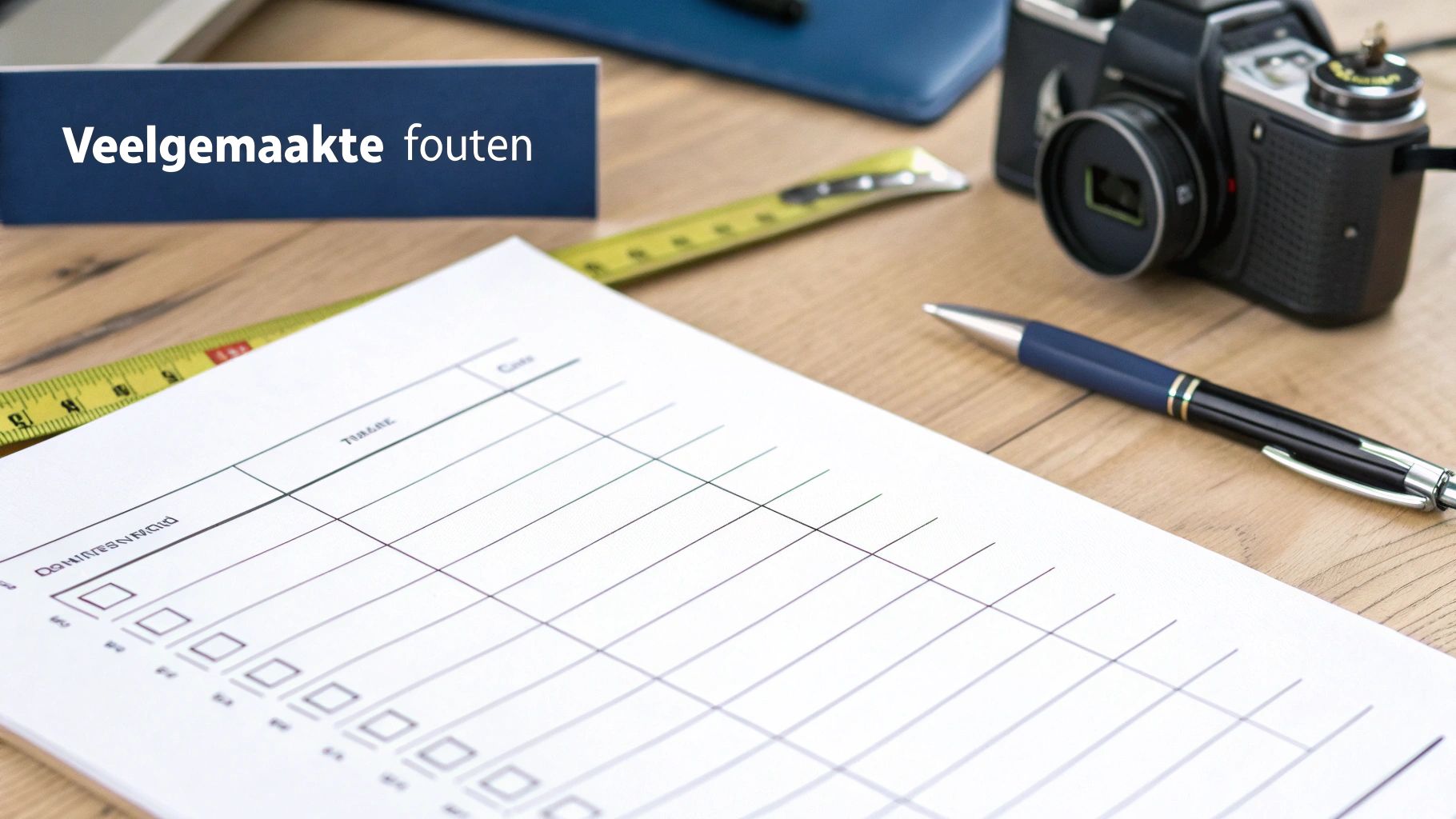 Een bureau met een blauwe map waarop 'Veelgemaakte fouten' staat, een meetlint, pen en een formulier.