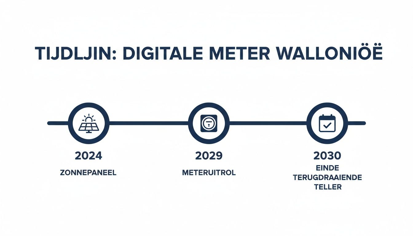 Tijdlijn van de digitale meter in Walloniƫ, met belangrijke mijlpalen voor zonnepanelen en de terugdraaiende teller.