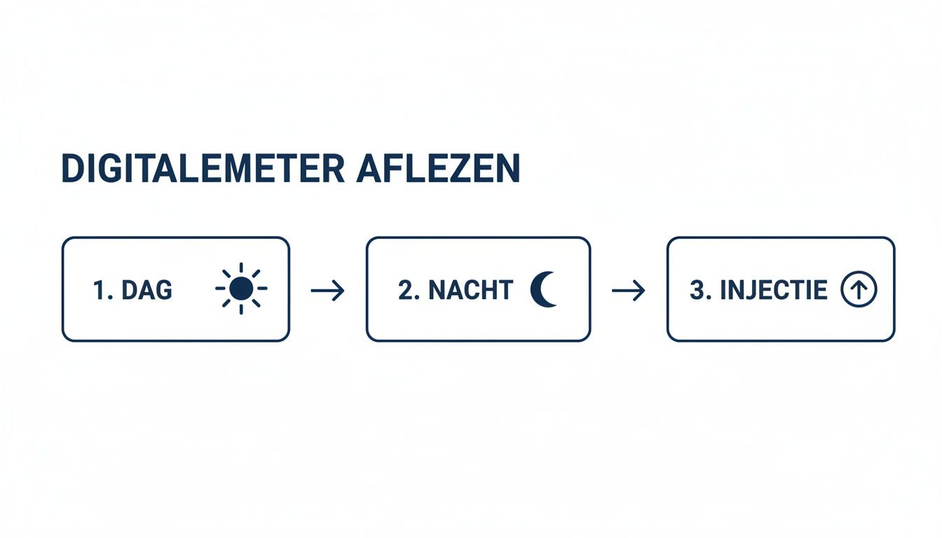 Stappen voor het aflezen van een digitale meter: dag, nacht en injectie. Een visuele gids.