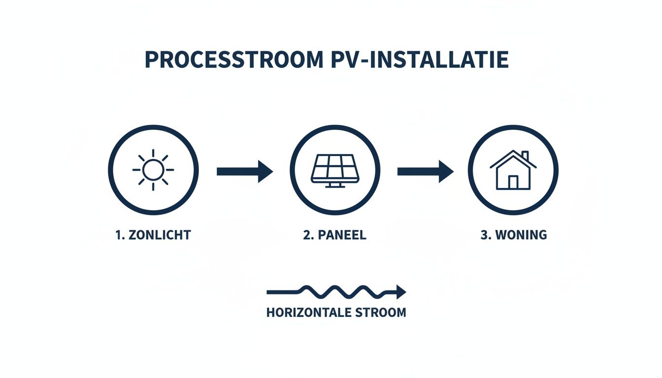 Schematische weergave van de processtroom van een PV-installatie, van zonlicht naar zonnepaneel en vervolgens naar de woning.