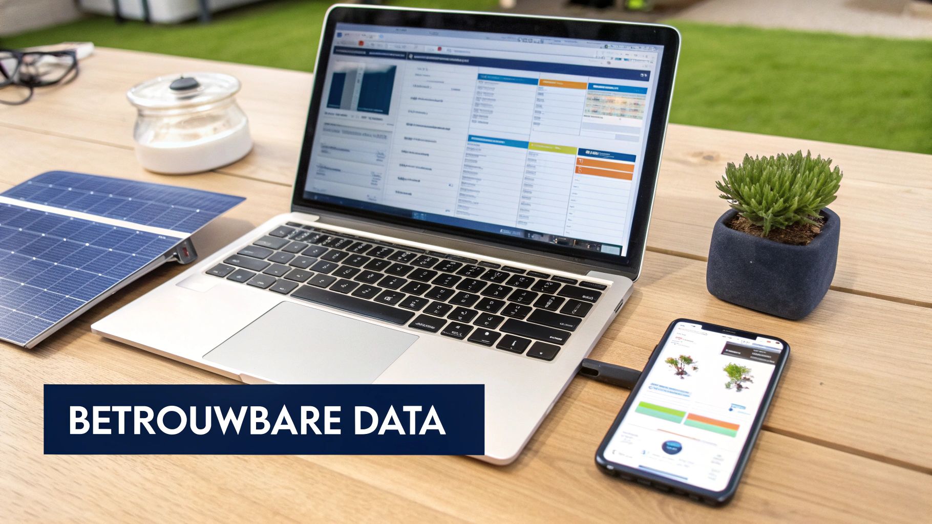 Laptop, zonnepaneel en smartphone op een houten tafel, tonen betrouwbare data en grafieken.